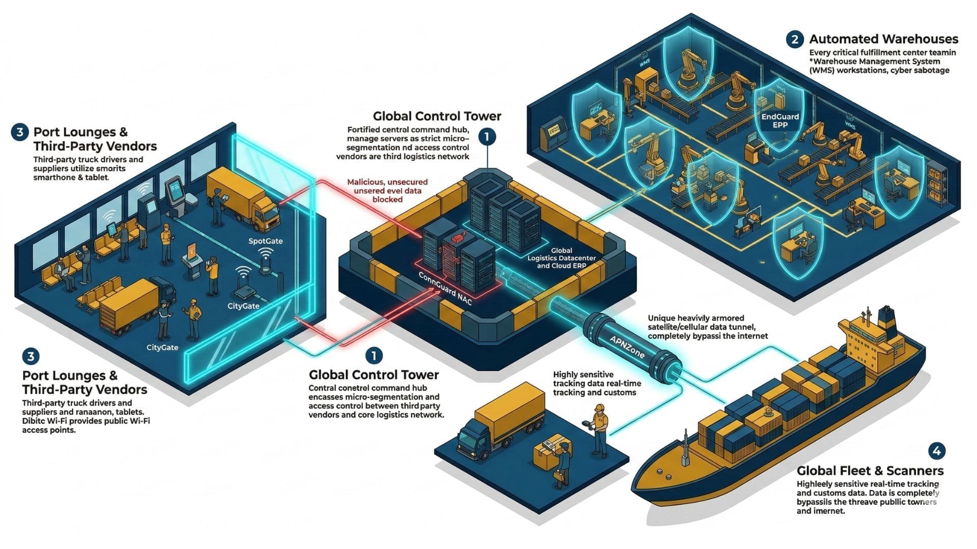 zero trust logistics security architecture diagram showing identity access device validation network segmentation and secure connectivity layers