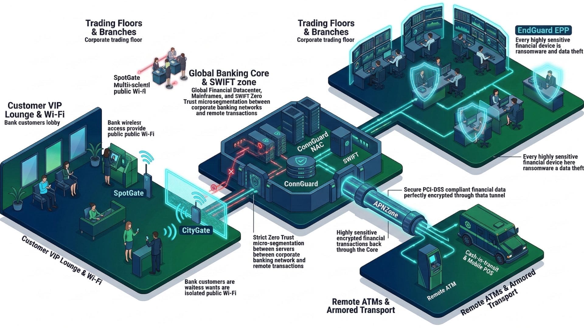 Zero trust security architecture diagram for retail banking infrastructure showing identity validation across branches, ATMs, customer channels and financial systems