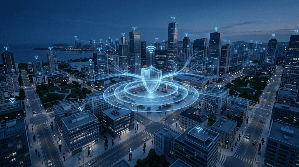 Smart city network security architecture with encrypted public WiFi connections protected by a central Zero Trust enforcement layer