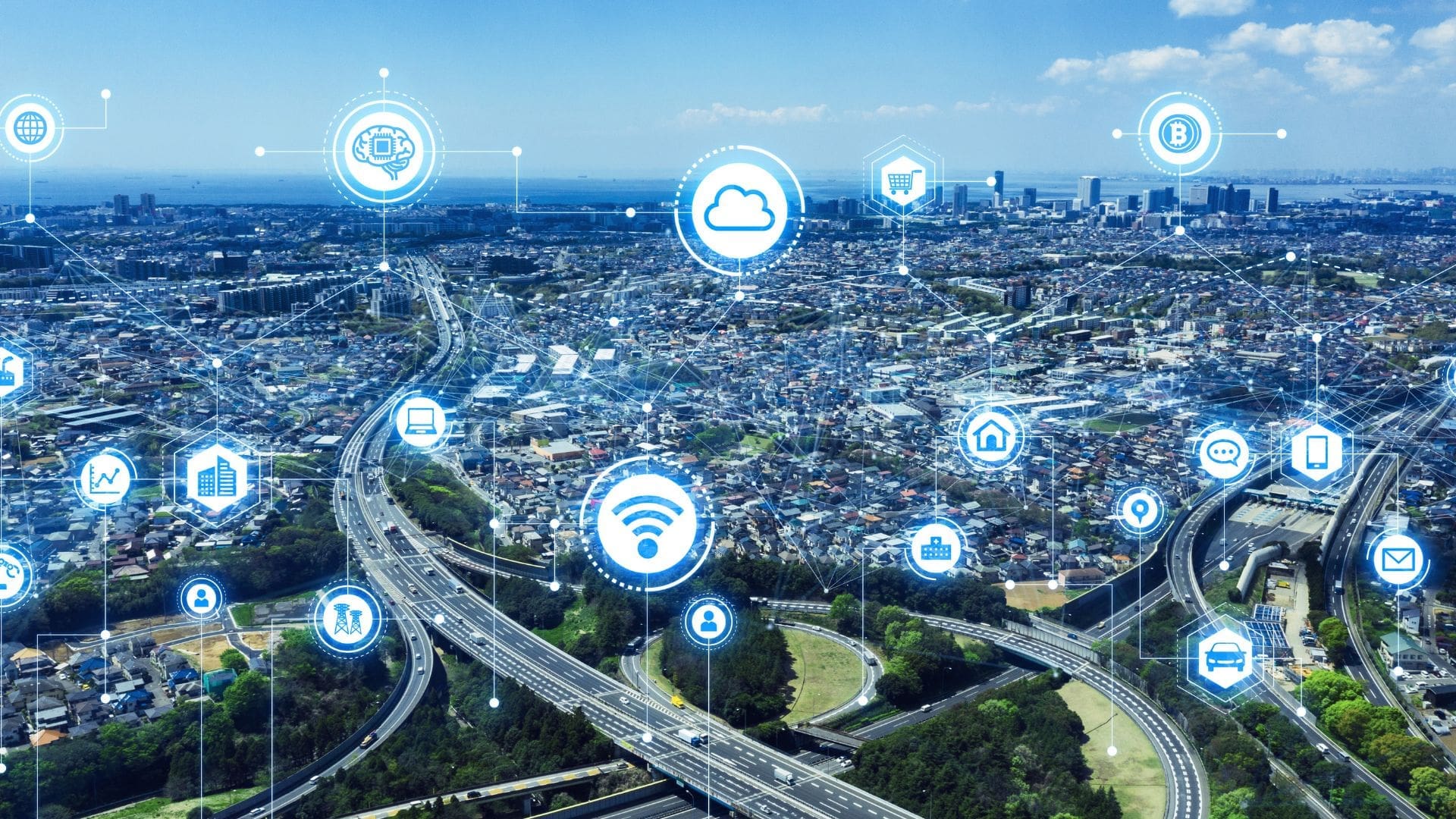 Smart city digital infrastructure showing IoT connectivity, public Wi-Fi networks, cloud services and urban data communication across a connected city environment