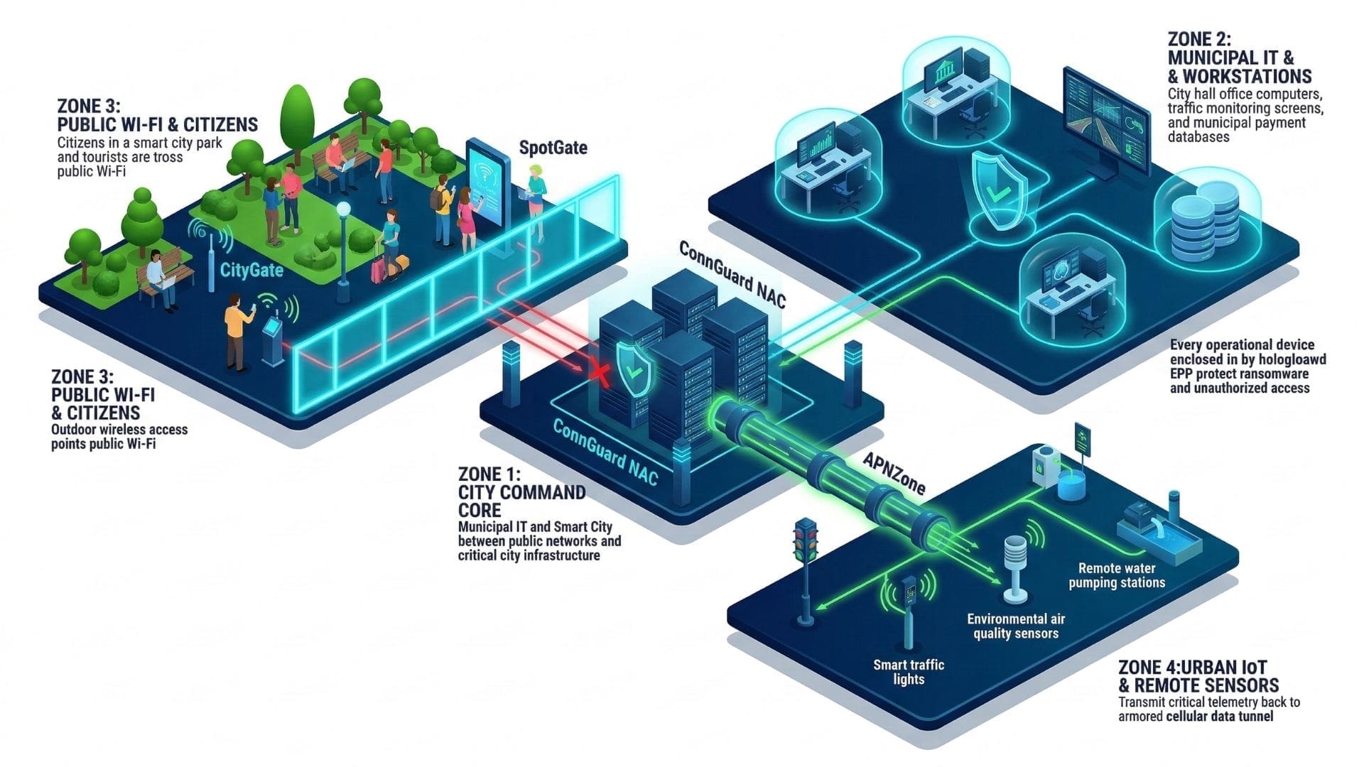 Zero Trust security architecture for smart cities showing public Wi-Fi captive portal, urban IoT devices, edge connectivity, network segmentation and secure city infrastructure layers