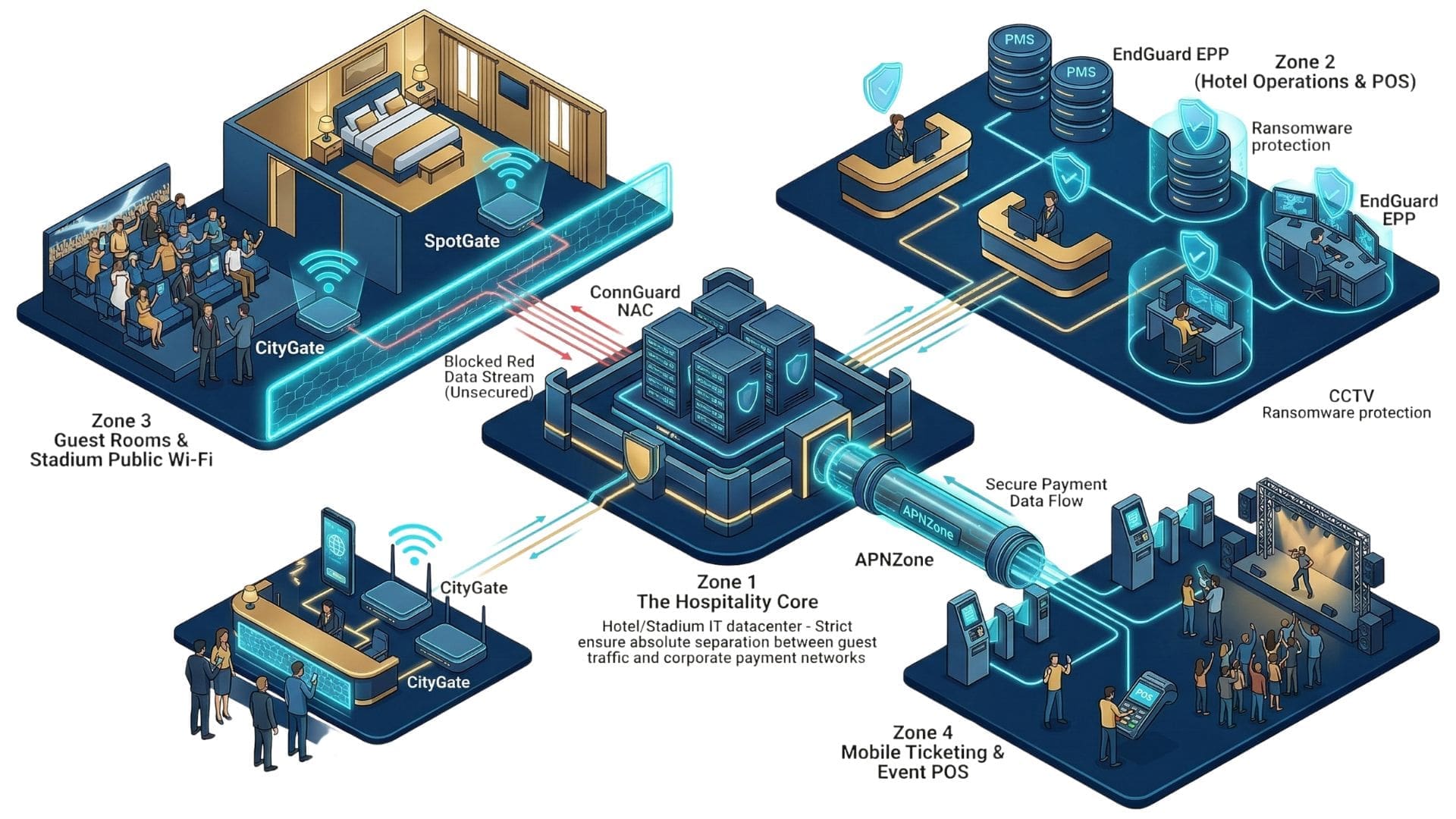 Zero trust hospitality network architecture securing guest wifi iot devices payment systems and venue infrastructure